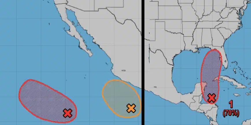Mapa de la República Mexicana, Estados Unidos, 3 óvalos 2 rojos y uno amarillo con una tachita adentro cada uno