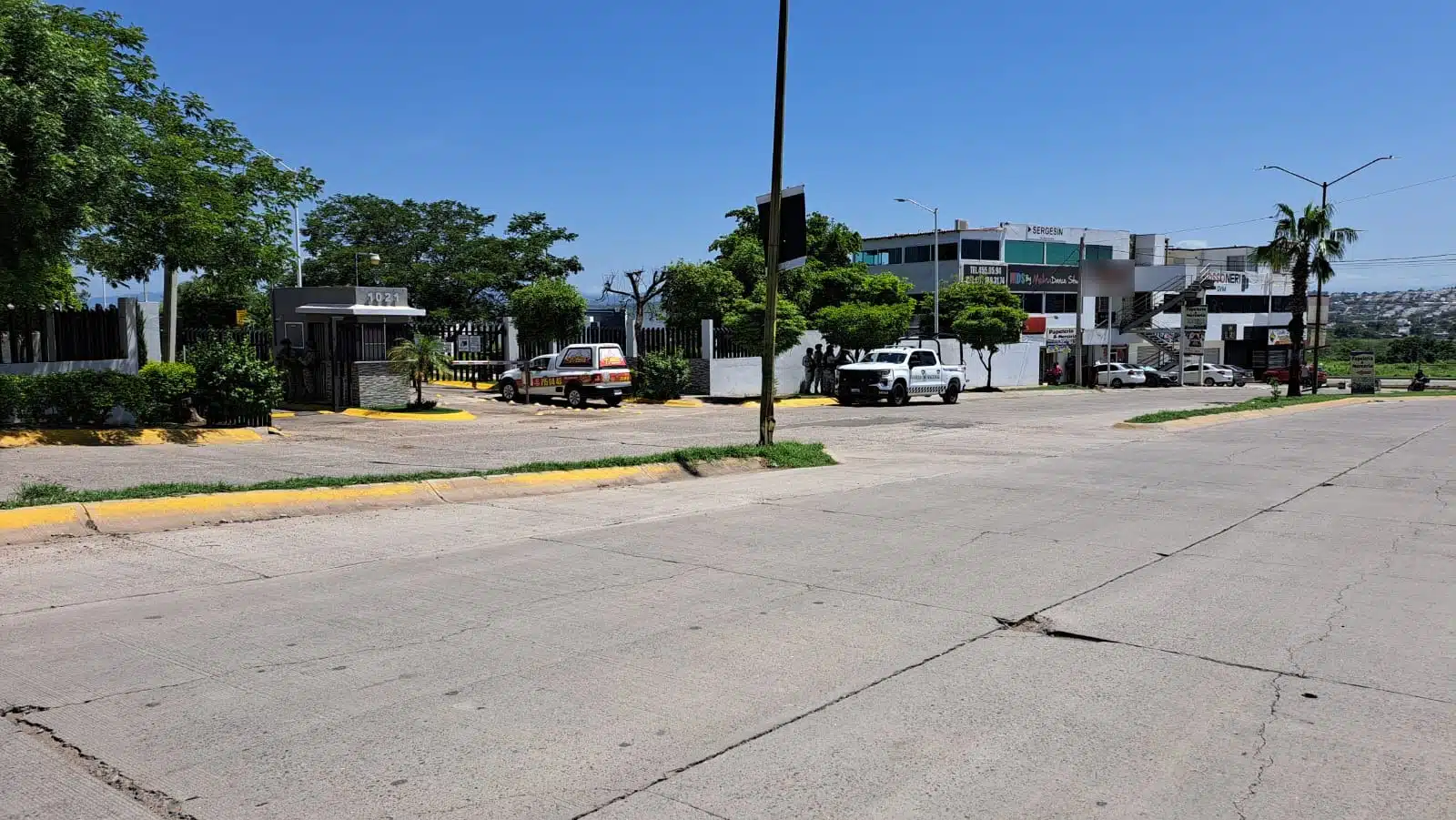 Camioneta de la Guardia Nacional, carros, camellón, palmeras, árboles, locales y la entrada de un privada