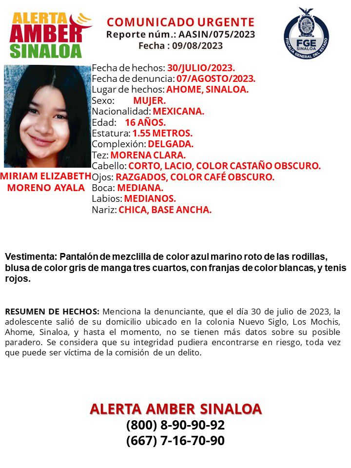 Ficha de búsqueda Alerta Amber Sinaloa emitida por la Fiscalía General de Estado