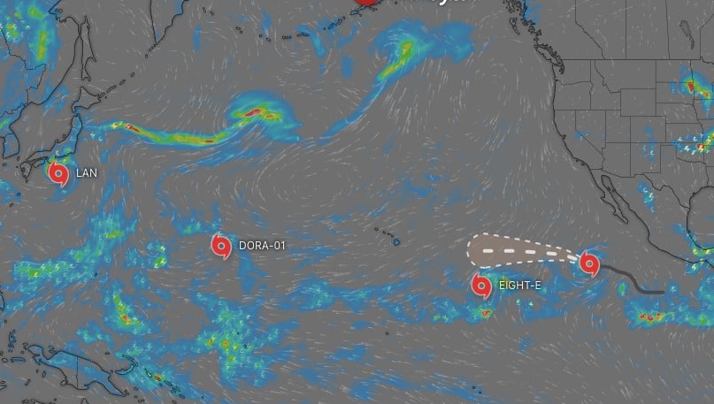 Sistemas tropicales activos en el Pacífico, desde Japón hasta México y todavía falta uno. Foto: Windy