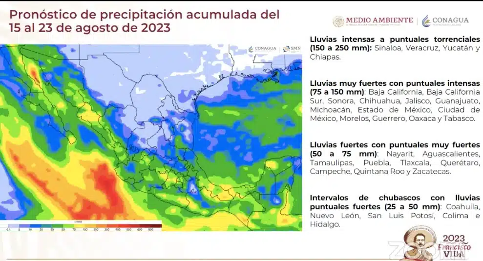 Pronóstico de lluvias del 15 al 23 de agosto para México. Foto: SMN