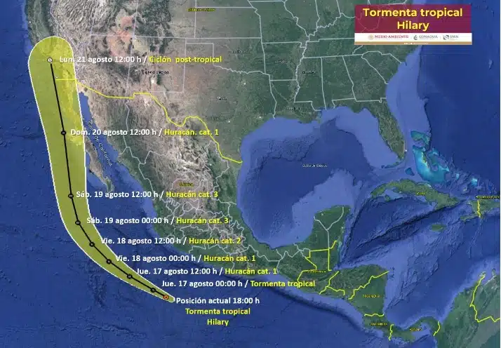 Pronóstico de desplazamiento de la tormenta tropical y eventual huracán Hilary. Foto: SMN.