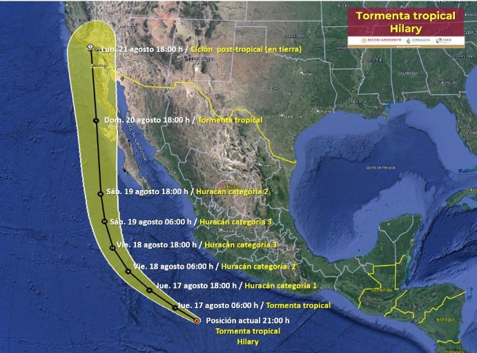 Foto 2: Pronóstico de desplazamiento del ciclón y eventual huracán Hilary. Foto: SMN