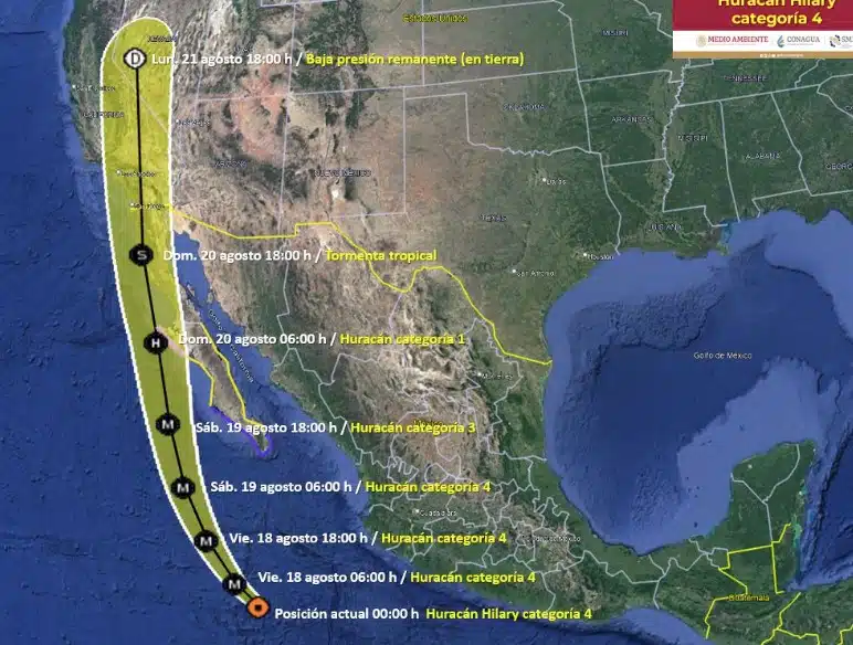 Pronostico de trayectoria del huracán Hilary categoría cuatro. SMN