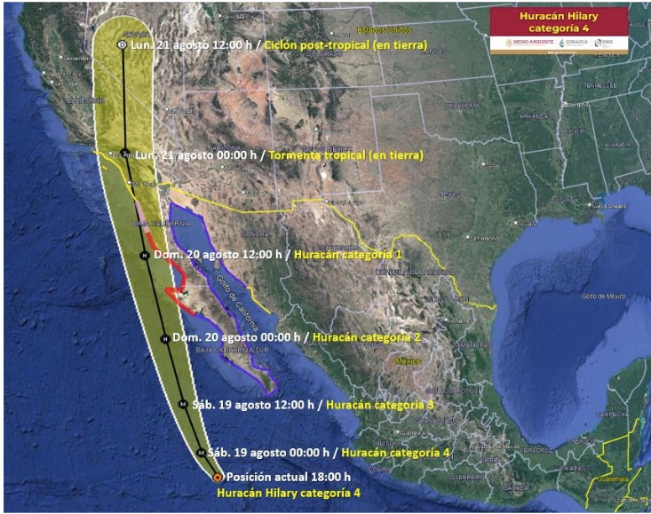 Pronóstico de desplazamiento del huracán Hilary en las próximas hora. SMN