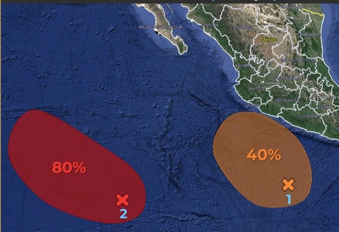 Parte del mapa de la república mexicana con 2 óvalos uno rojo y otro anaranjado, y adentro de ellos números, por cientos y tachitas