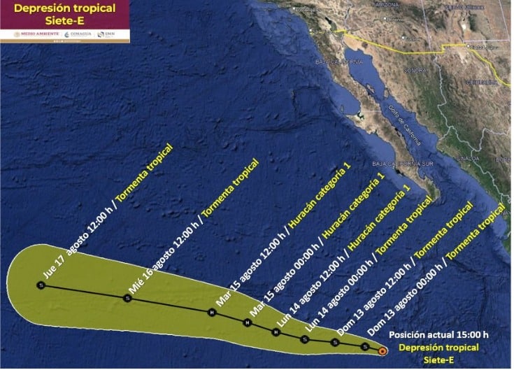 Mapa en el que se muestra el despliegue y trayecto que sostendría la depresión tropical Siete-E