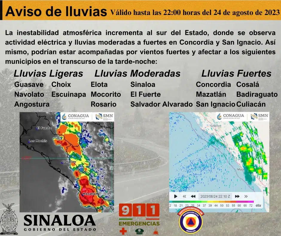 Probabilidad de lluvias para Sinalao hoy 24 de agosto de 2023. Protección Civil.