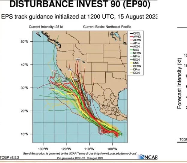 Mapa de México y EU donde se muestran las potenciales trayectorias de Hilary