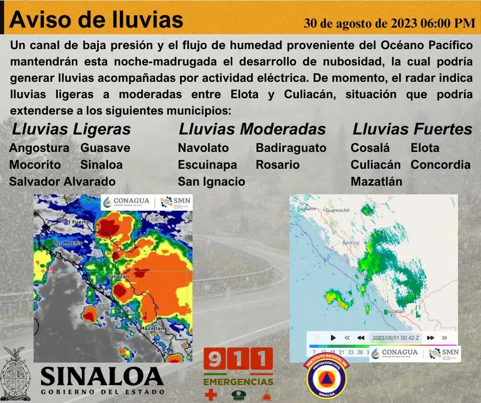 Aviso de lluvias en Sinaloa de Protección Civil