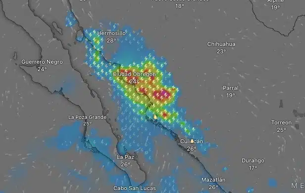Mapa del noroeste de México donde se muestra la proyección de lluvias en Sonora y Sinaloa