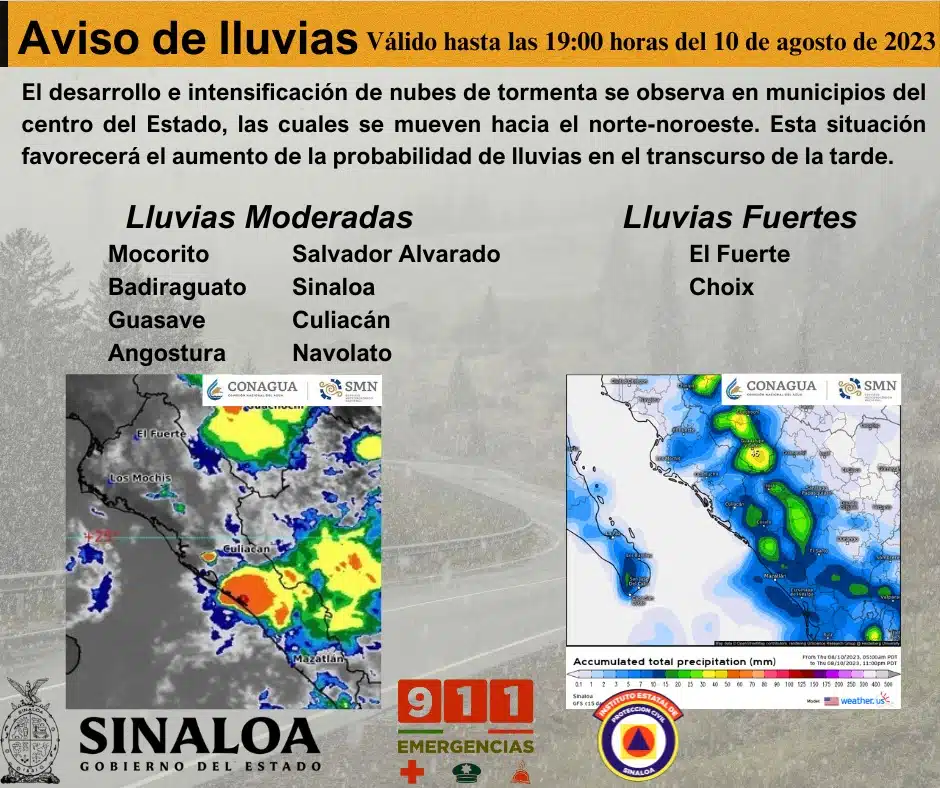 Aviso de lluvias por parte de Protección Civil de Sinaloa