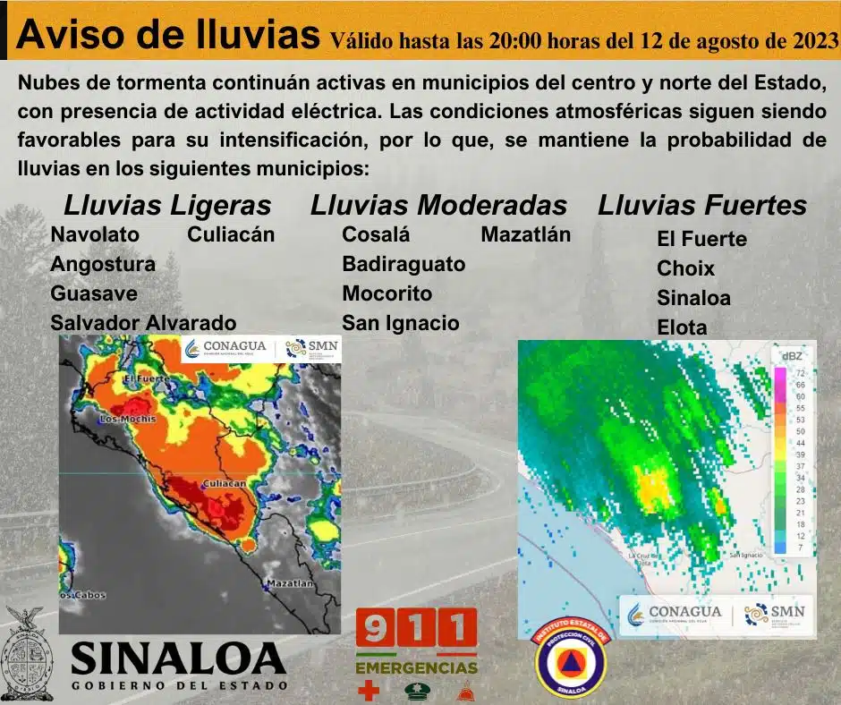 Pronóstico de lluvias por parte de Protección Civil Sinaloa