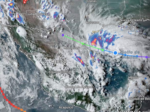 Mapa satelital donde se muestra la nueva depresión tropical Nueve en el Golfo de México