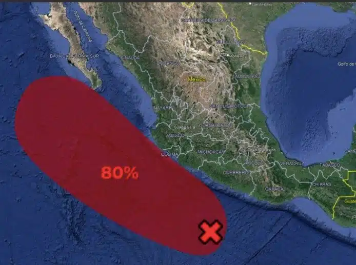 Mapa de México donde se muestra una zona de baja presión que podría activar al ciclón Eugene