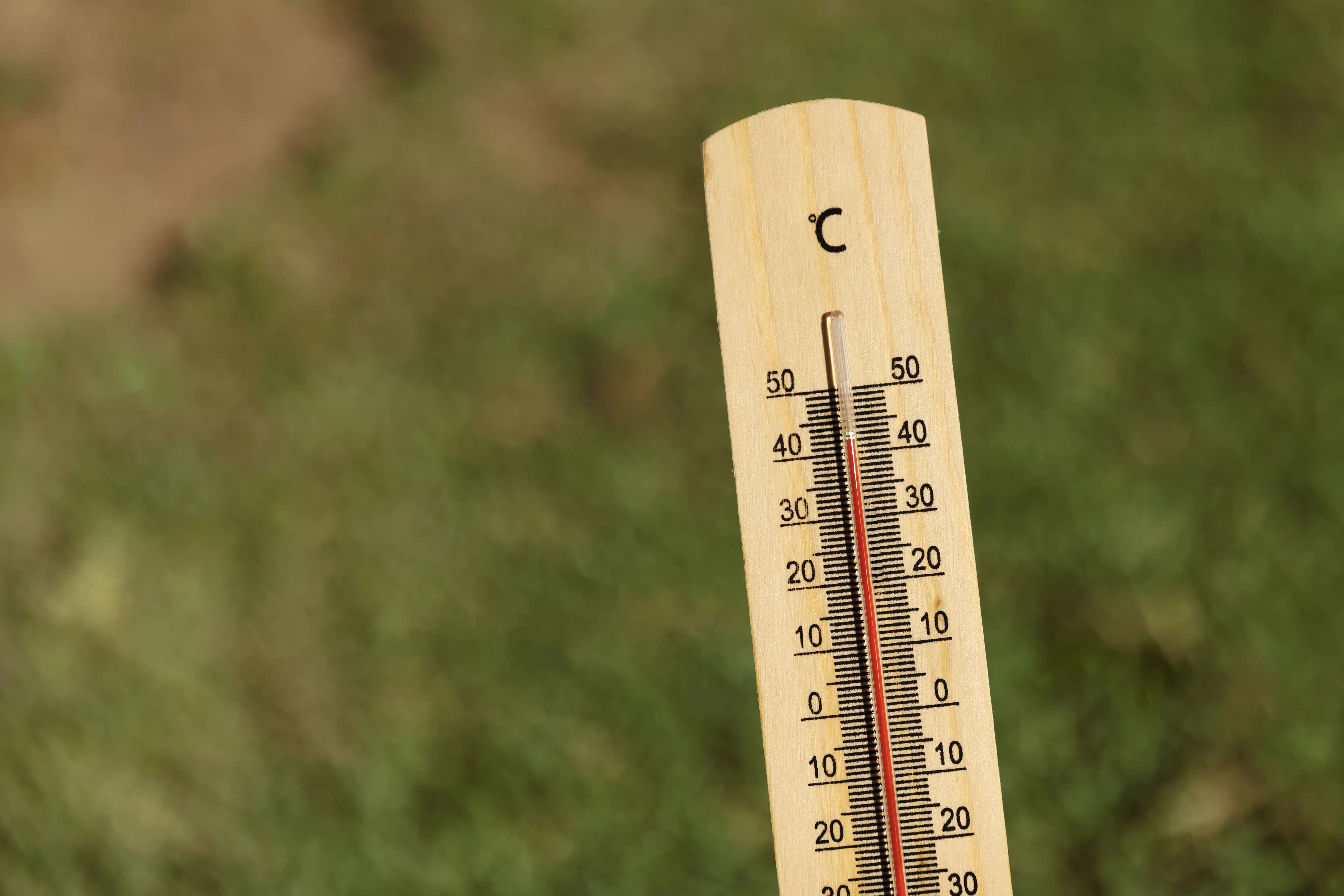 Primero plano: termómetro ambiental indicando altas temperaturas