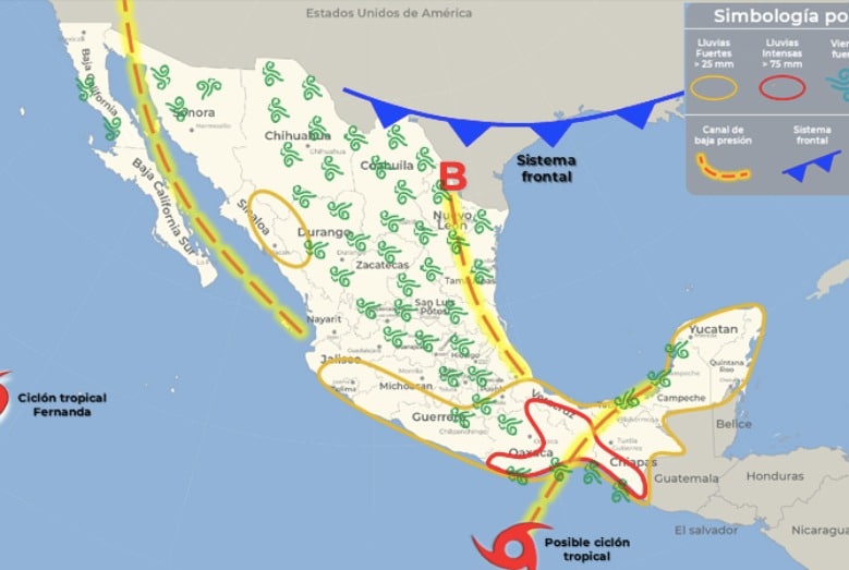 Mapa de pronóstico del SMN en el que se indica (en azul), un sistema frontal fuera de temporada en camino.