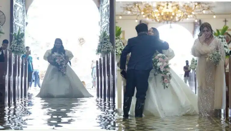 ¡Contra viento y marea! Se casan en medio de un huracán y con la iglesia bajo el agua