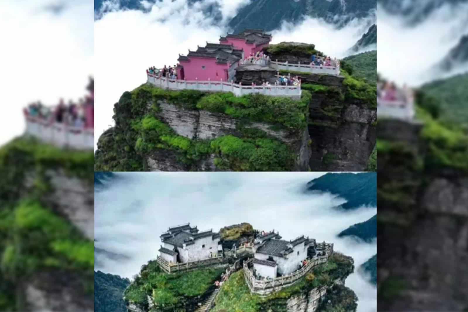 ¡Escándalo en China! Pintan color rosa un templo sagrado declarado patrimonio de la humanidad