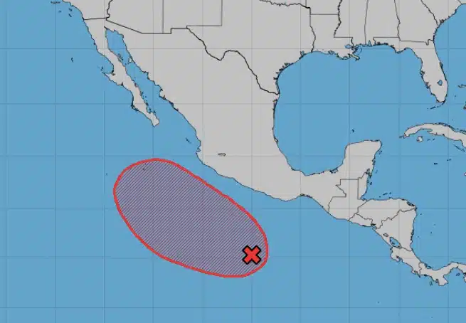 Mapa de México donde se muestra una zona de baja presión con probabilidad de convertirse en el ciclón Lidia