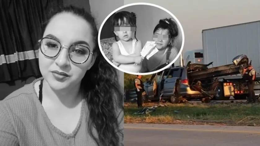 Fotografías de Jessica y sus dos hijas. A la derecha: el accidente en el que perdieron la vida