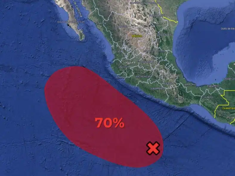 Mapa de México donde se muestra una zona de baja presión con probabilidad de convertirse en el ciclón Lidia