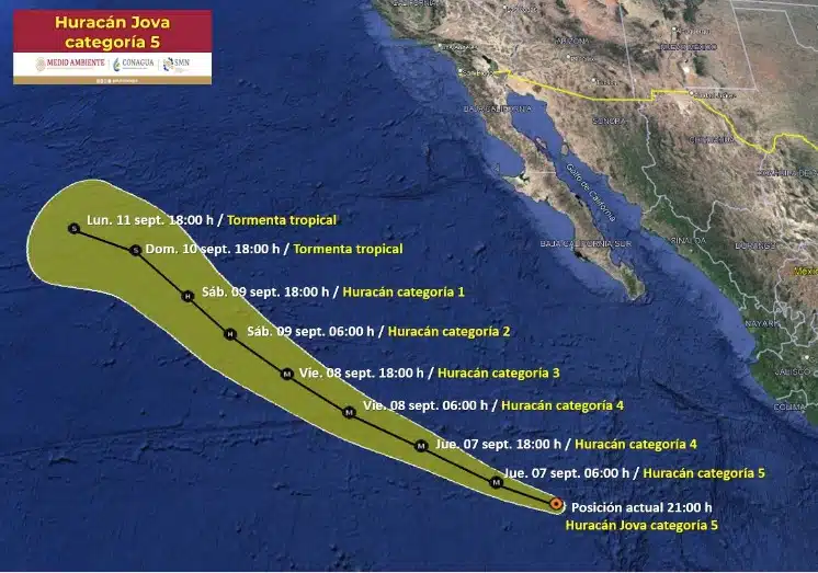 Mapa de México en el que se muestra la trayectoria a manera de pronóstico del huracán Jova