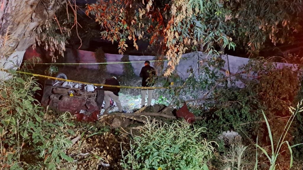 Vehículo volcado entre la maleza y junto a un árbol