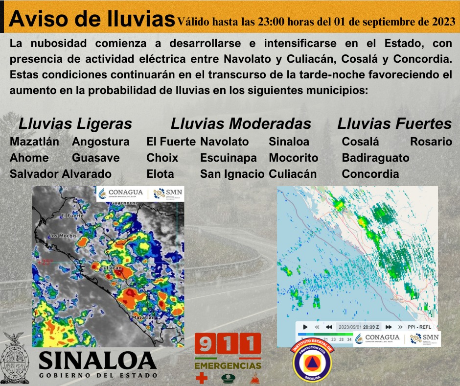 Listado de municipios de Sinaloa en los que se pronostican lluvias para este 1 de septiembre