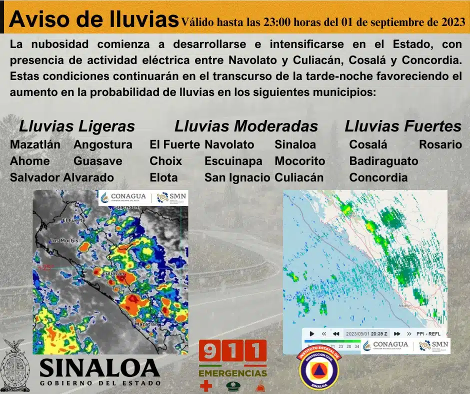 Listado de municipios de Sinaloa en los que se pronostican lluvias para este 1 de septiembre