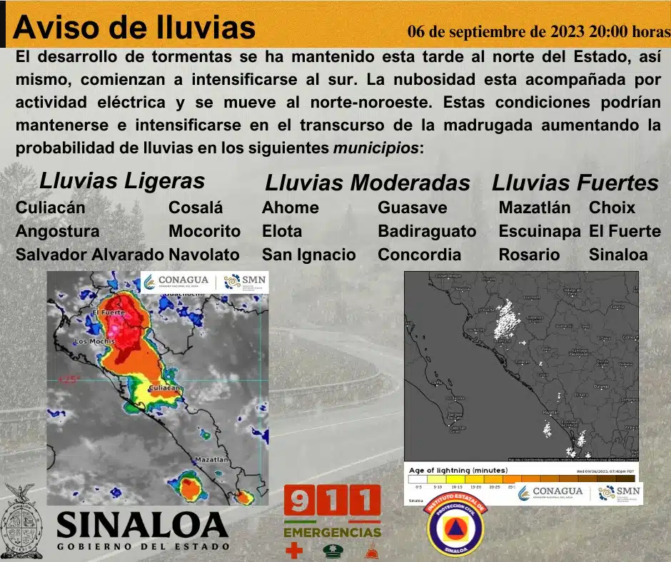 Listado de lluvias en Sinaloa este 6 de septiembre