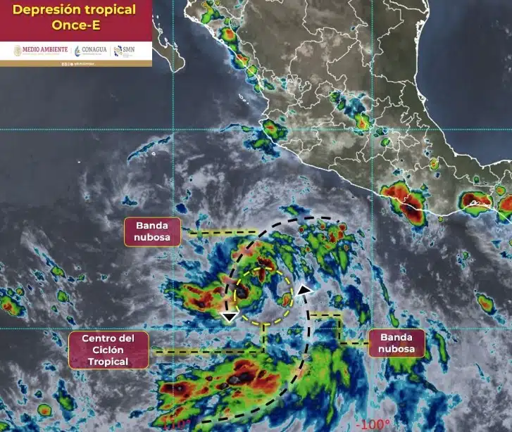 Mapa de México y el Pacífico donde se muestra el desarrollo de la depresión tropical Once-E