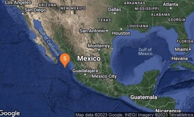 Mapa de México donde se muestra el sitio donde ocurrió un temblor al sur de Sinaloa