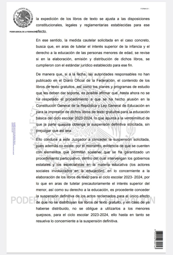 Documento emitido por el Juzgado Segundo de Distrito en el estado