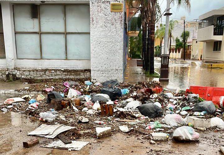 Basura sobre la calle con agua, árboles y casas
