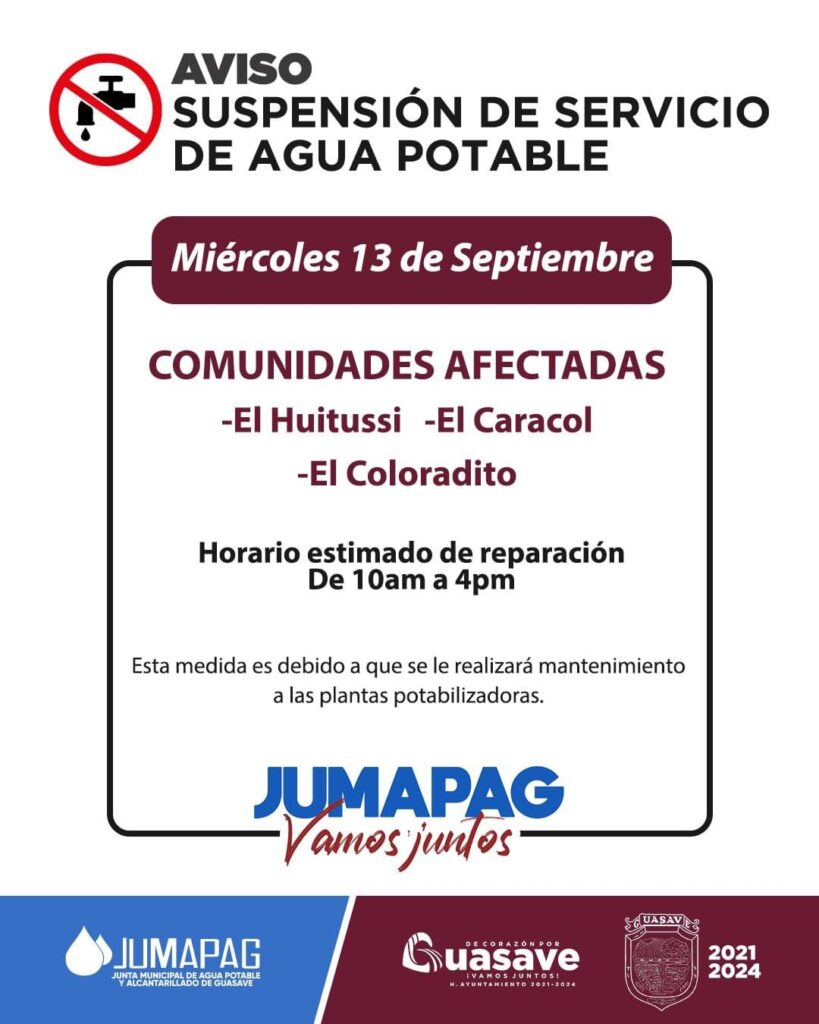 Aviso de Jumapag suspensión de agua potable en Guasave