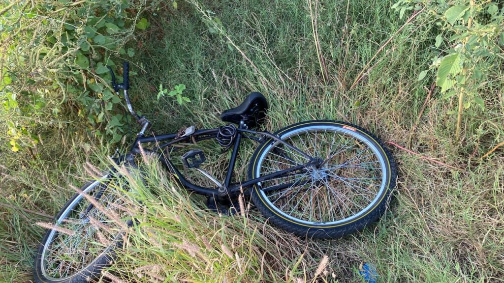 Bicicleta tirada en el cesped a un lado de la carretera en Villa Unión
