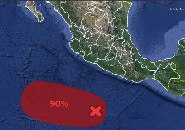 Mapa de México con un ovalo rojo y en su interior una tacha y un 80% a un lado