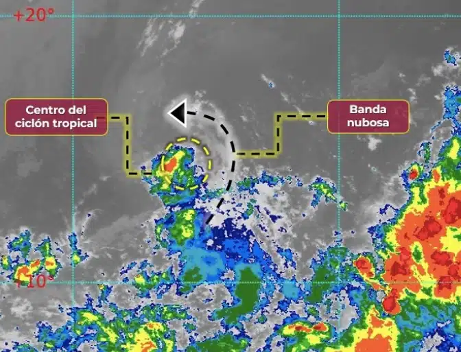 Bandas nubosas y el centro de un ciclón tropical en el mar