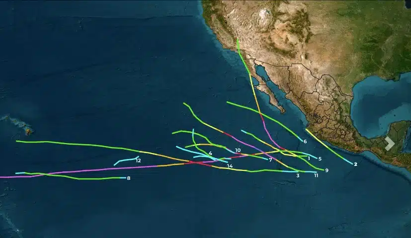 Mapa de México con líneas de colores de como ha sido la trayectoria de los ciclones y huracanes en el Pacífico