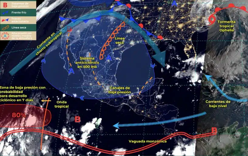 Mapa de pronóstico de sistemas meteorológicos activosde sábado 23 de septiembre en México