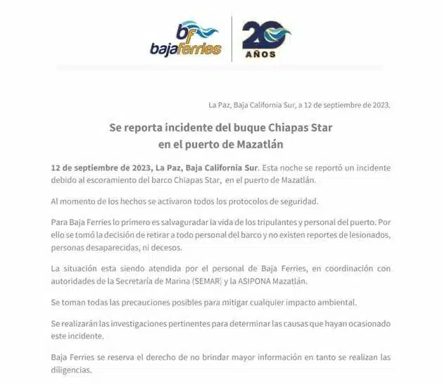 Comunicado del Baja Ferries donde habla del incidente con el buque Chiapas Star en Mazatlán