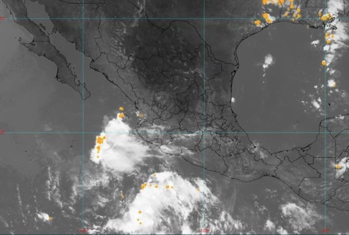 Mapa de la República Mexicana y a un lado bandas nubosas