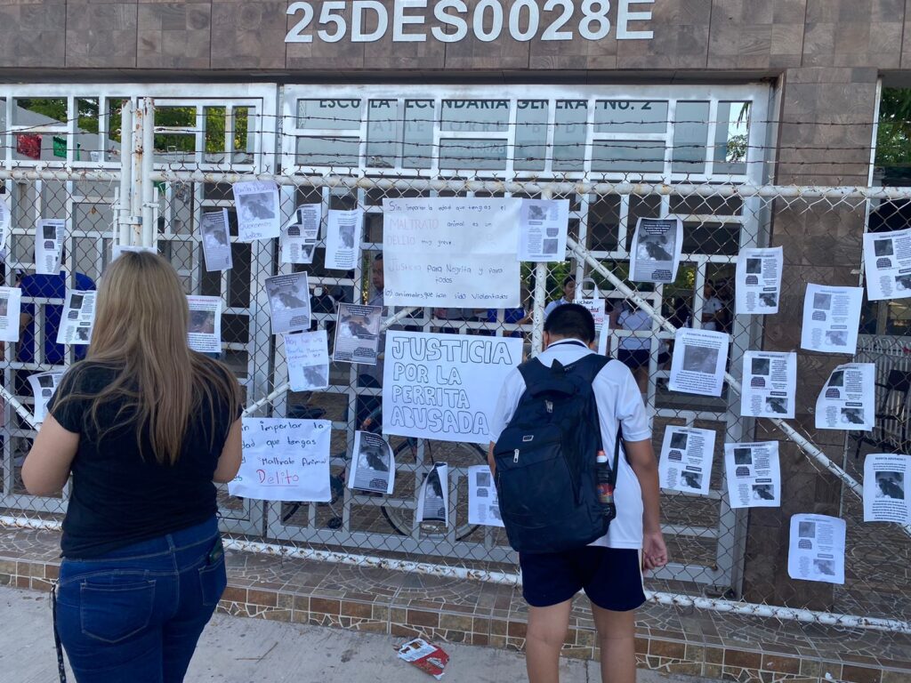 Entrada de una escuela con cartulinas y hojas pegadas, un niño y una mujer de espaldas