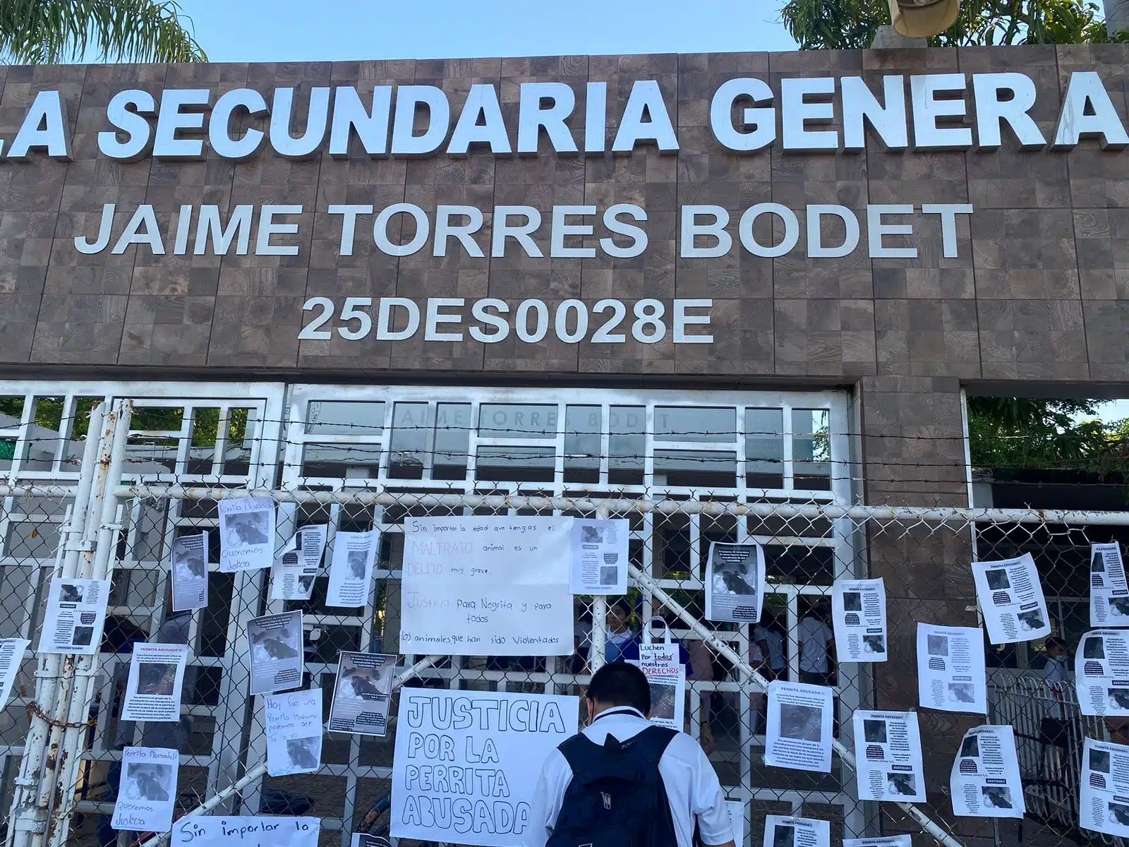 Entrada de una escuela con cartulinas y hojas pegadas, y un niño de espaldas