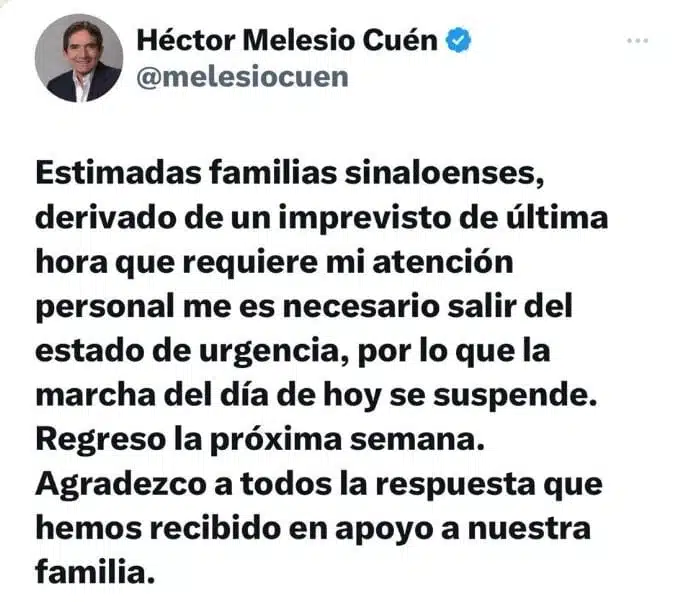 Publicación en X de Héctor Melesio Cuen