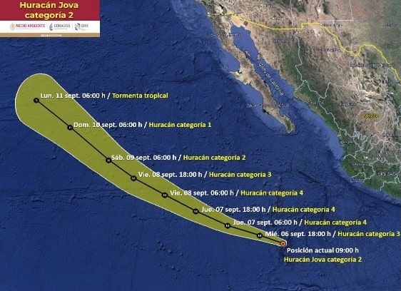 Mapa de México en el que se muestra la trayectoria del huracán Jova