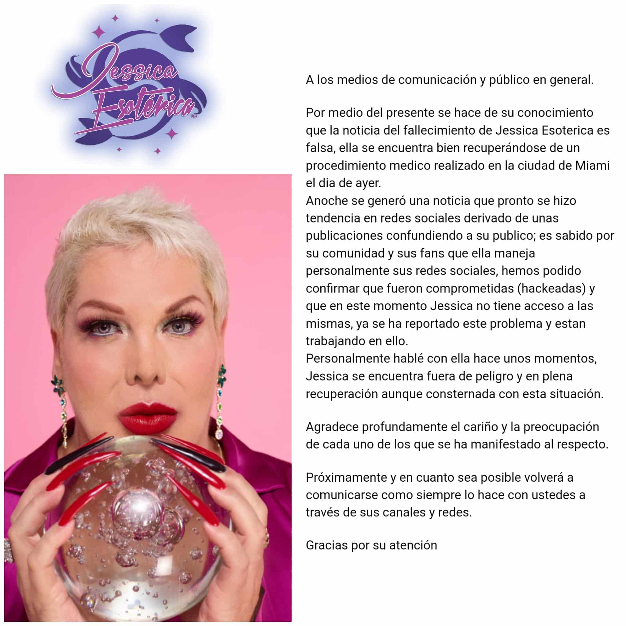 Comunicado oficial sobre salud de Jessica Esotérica.