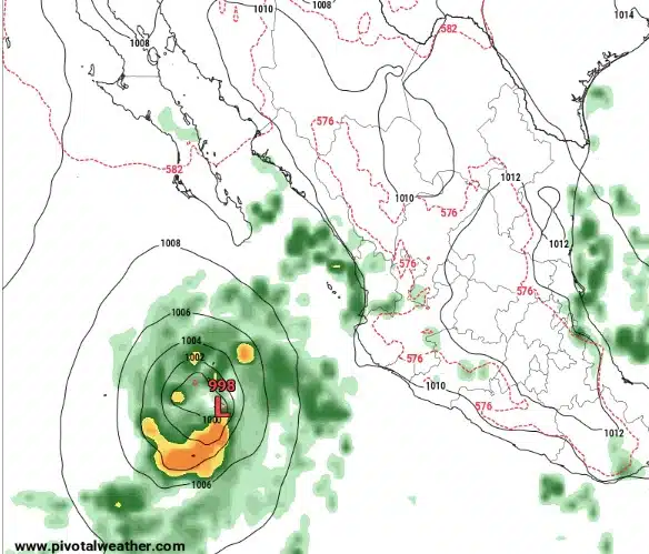 Mapa de México y el océano Pacífico donde marcan probabilidad de desarrollo ciclónico