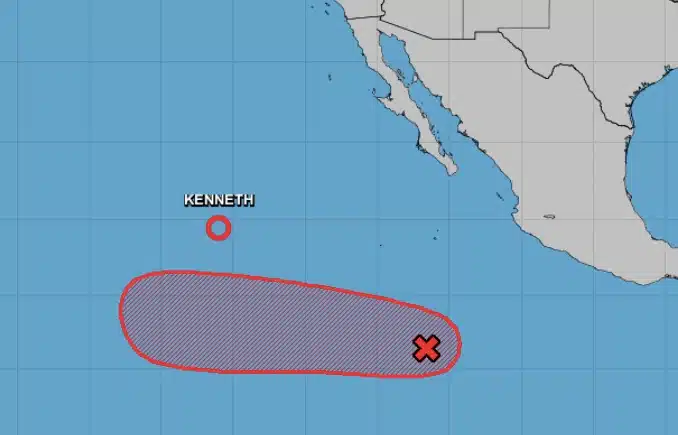 Mapa con el sistema tropical Kenneth y una zona de baja presión